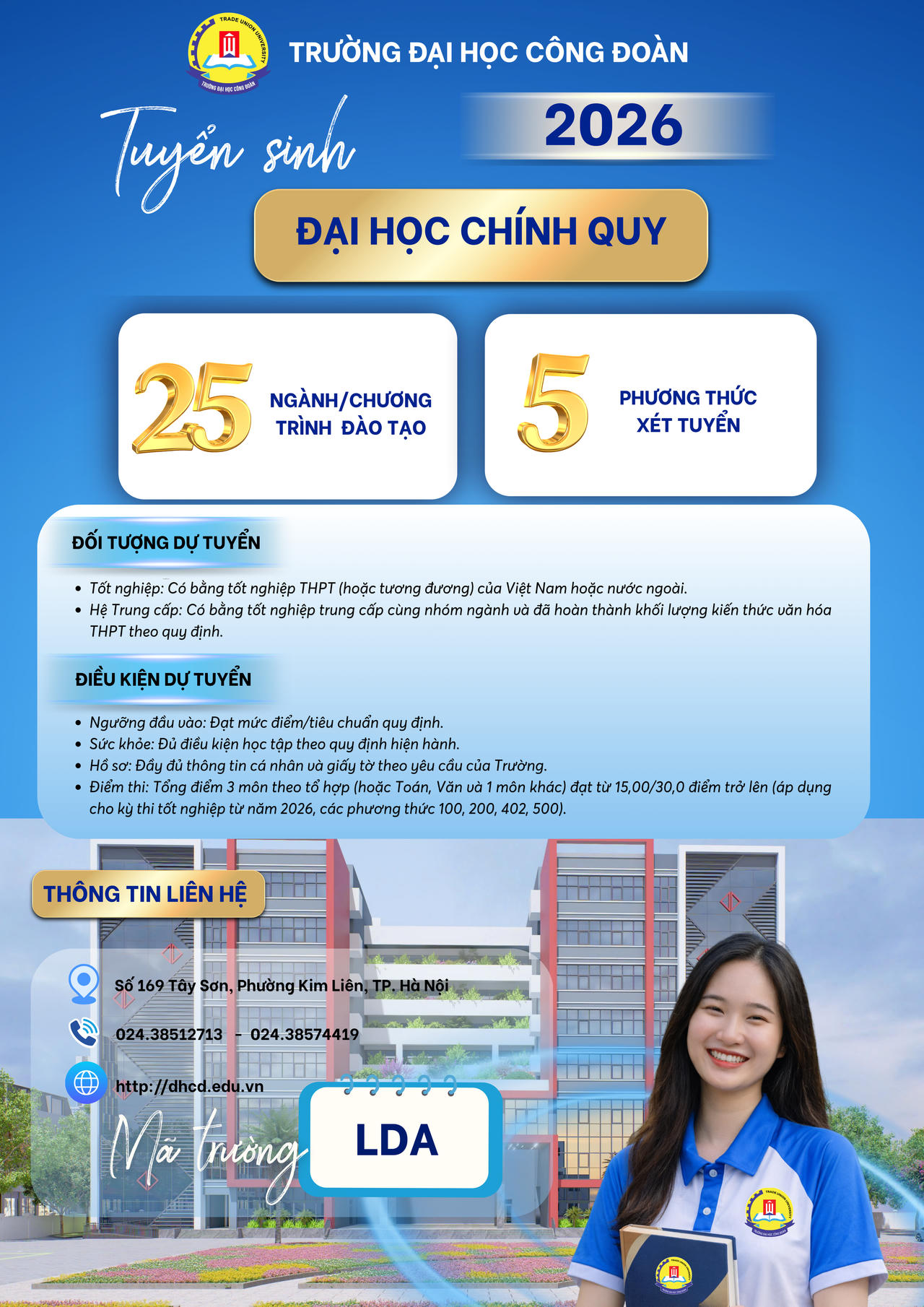 Năm 2026, Trường Đại học Công đoàn tuyển sinh 25 ngành/chương trình đào tạo, 5 phương thức xét tuyển