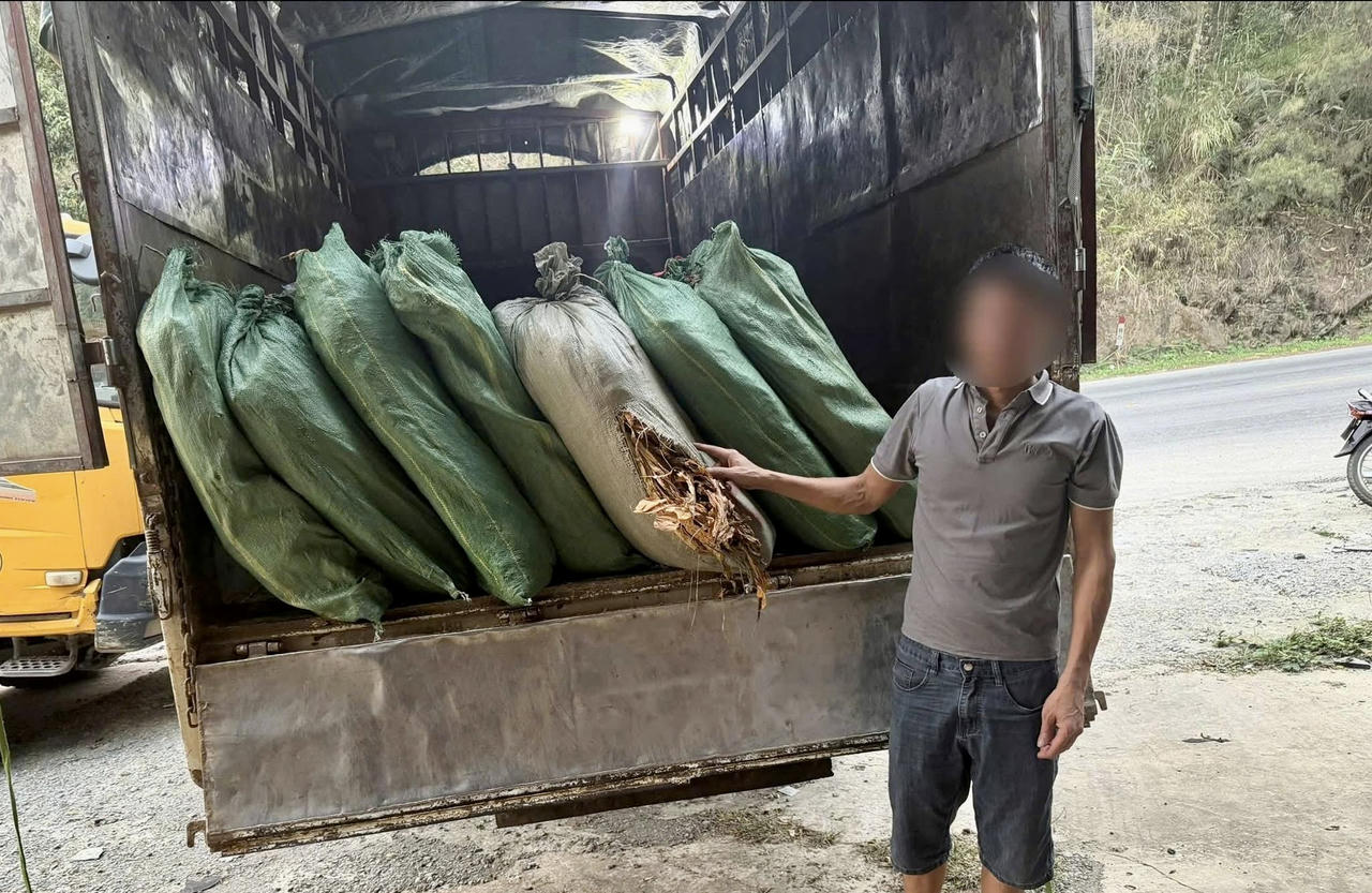 Chủ xe P.M.T cùng tang vật nguyên liệu thuốc lá không rõ nguồn gốc bị lực lượng Công an phát hiện, thu giữ. (Ảnh: CACB)