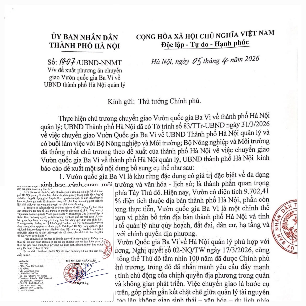 UBND thành phố Hà Nội đề xuất chuyển Vườn quốc gia Ba Vì về thành phố quản lý ./.