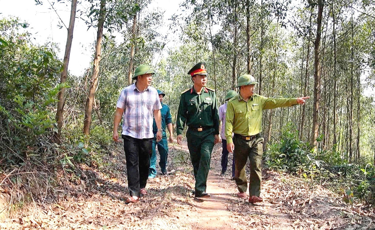 Kiểm lâm và chủ rừng kiểm tra công tác PCCCR tại phường Đồng Sơn, tỉnh Quảng Trị.