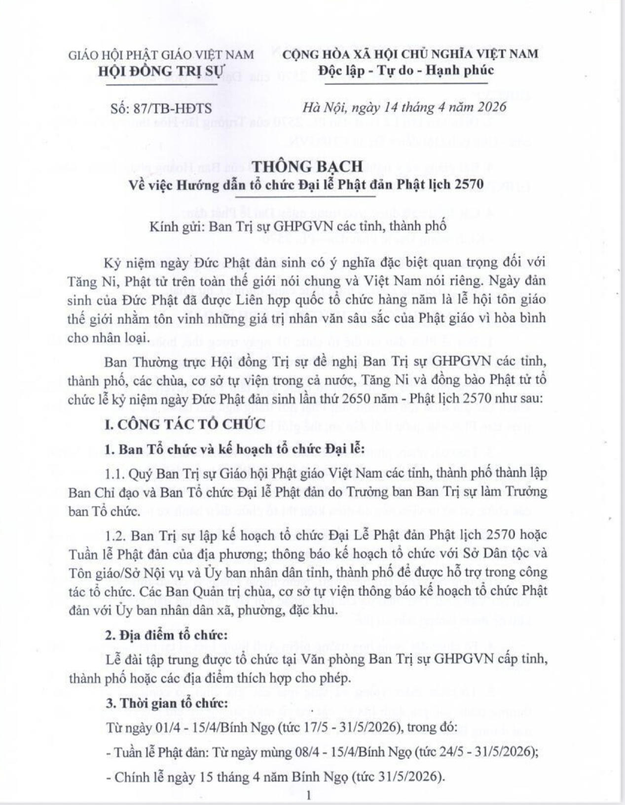 Trung ương Giáo hội ban hành Thông bạch Hướng dẫn tổ chức Đại lễ Phật đản Phật lịch 2570 (Bính Ngọ, 2026)