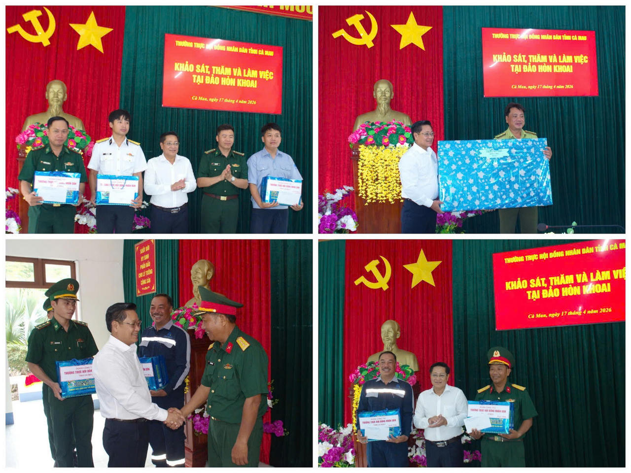 Ông Bùi Tấn Bảy – Ủy viên BTV Tỉnh ủy, Phó Chủ tịch HĐND tỉnh và Đại tá Lê Đình Sơn - Phó Chỉ huy trưởng kiêm Tham mưu trưởng Ban Chỉ huy BĐBP tỉnh Cà Mau trao tặng quà cho các lực lượng trên đảo, động viên tiếp tục đoàn kết, vượt qua khó khăn, giữ vững chủ quyền biển, đảo và bảo đảm an toàn các công trình đang thi công.