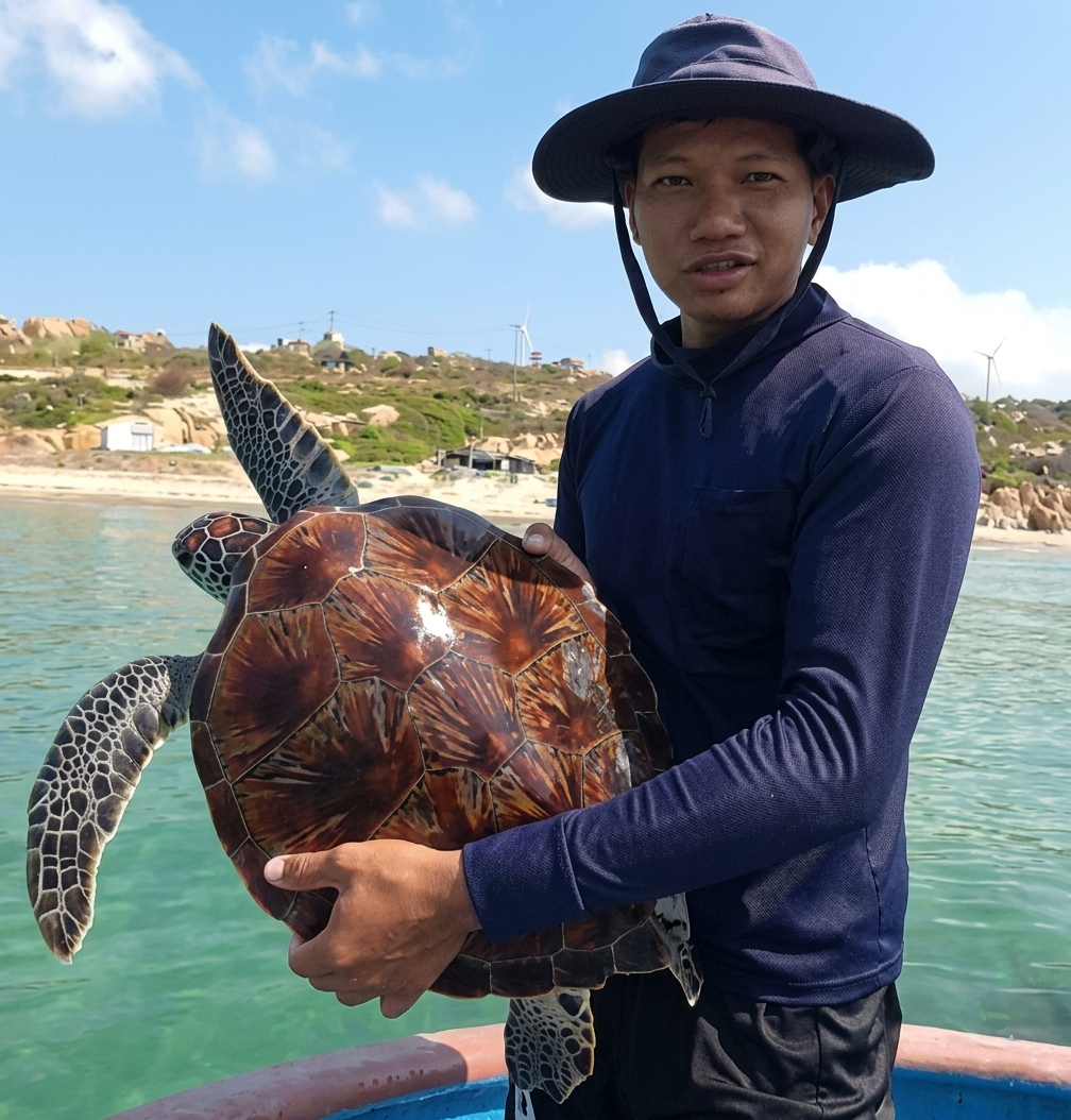 Ngư dân gỡ lưới, thả rùa quý hiếm trở lại môi trường tự nhiên.