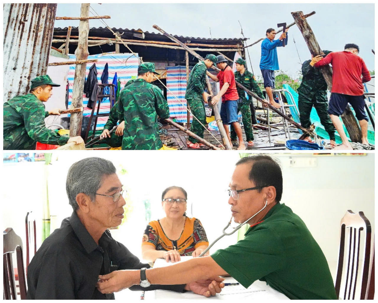 Cán bộ, chiến sĩ Đồn Biên phòng Đất Mũi hỗ trợ người dân sửa chữa nhà ở, khắc phục hậu quả thiên tai; Quân y Đồn Biên phòng Gành Hào khám bệnh, cấp thuốc miễn phí cho người dân nghèo khu vực biên giới biển.