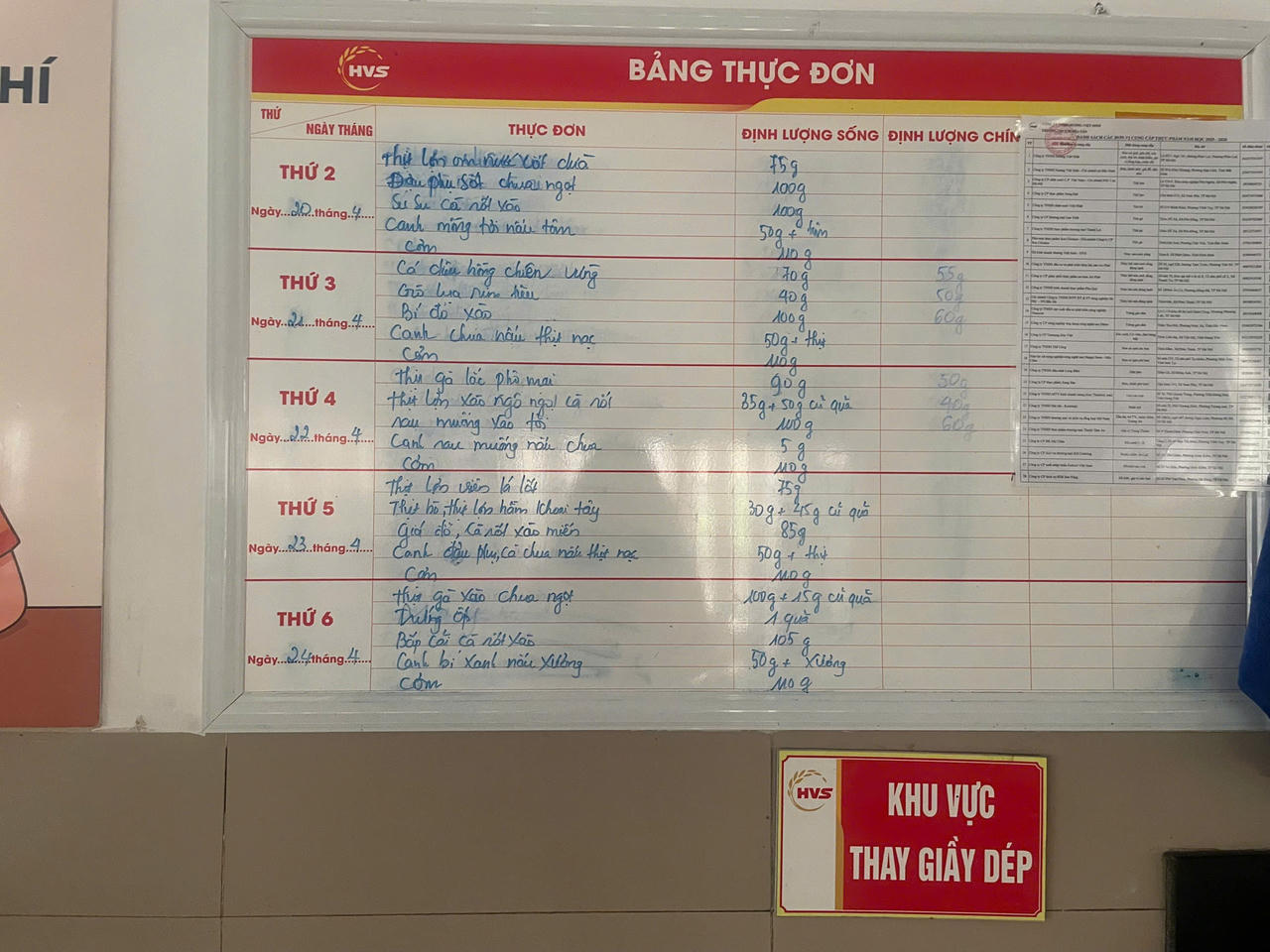 Bảng thực đơn tuần của bếp ăn nhà trường được công khai để phục vụ công tác kiểm tra, giám sát và đối chiếu định lượng bữa ăn.