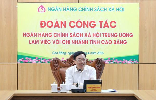 Tổng Giám đốc Dương Quyết Thắng phát biểu chỉ đạo tại buổi làm việc với chi nhánh NHCSXH tỉnh Cao Bằng.