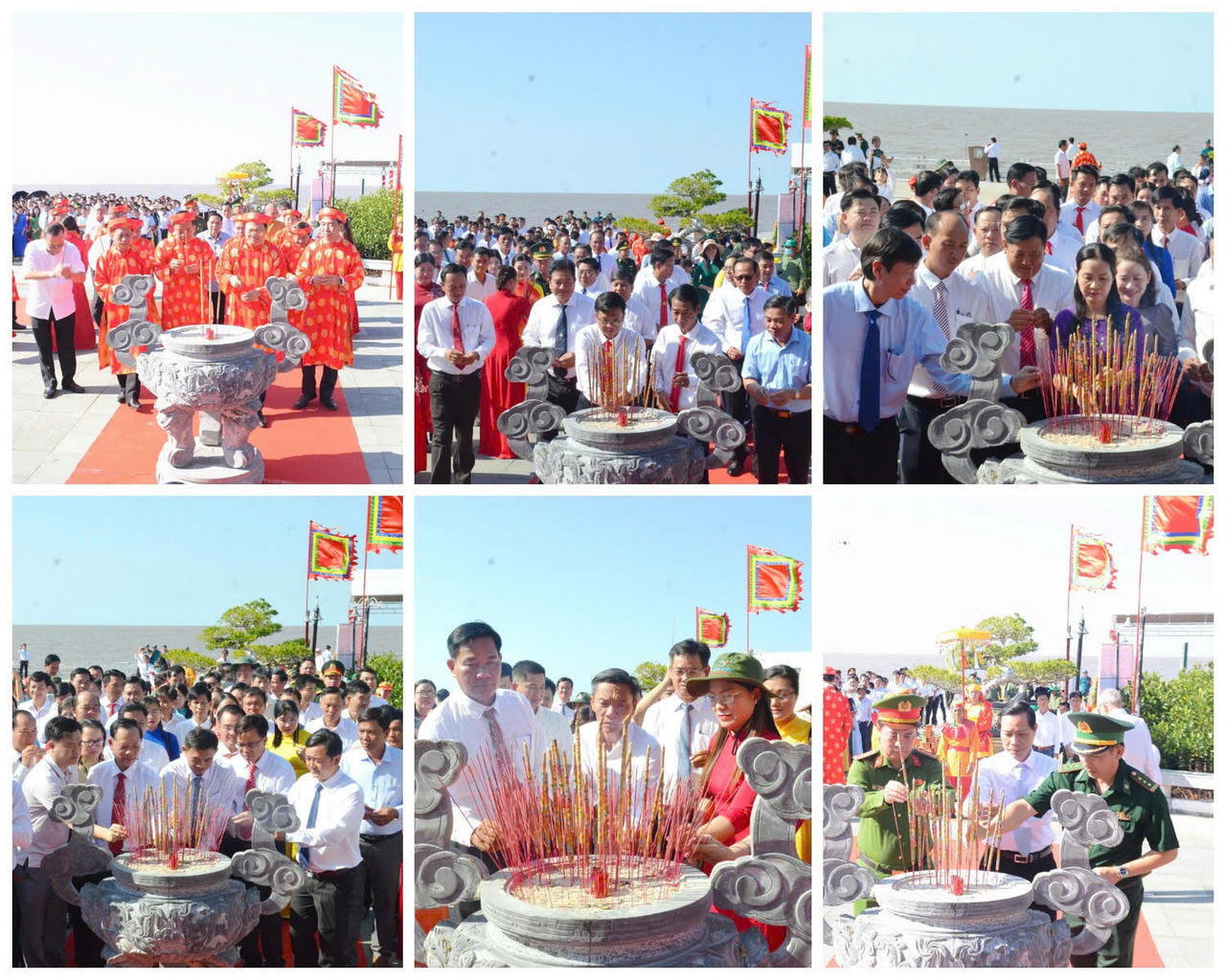 Lãnh đạo tỉnh Cà Mau và đại biểu thực hiện nghi thức dâng hương tại lư hương lớn trước Đền thờ Đức Quốc Tổ Lạc Long Quân.