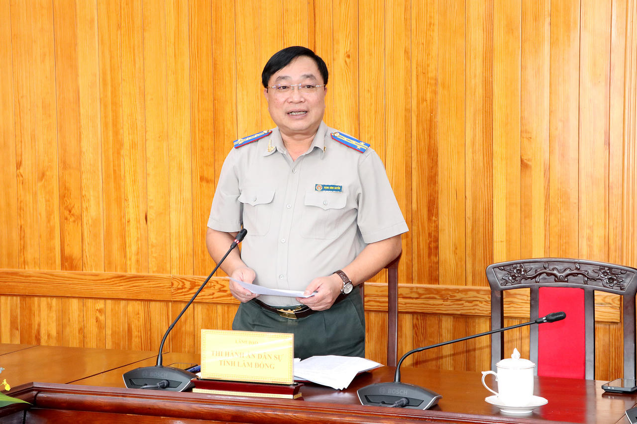 Ông Đặng Đình Quyền - Trưởng Thi hành án dân sự tỉnh Lâm Đồng báo cáo tại cuộc họp.