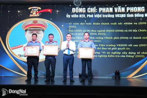 Ủy viên Ban Thường vụ Tỉnh ủy, Phó Chủ tịch UBND tỉnh Đồng Nai Lê Trường Sơn trao Bằng khen cho các cá nhân. (Ảnh: Trần Danh)