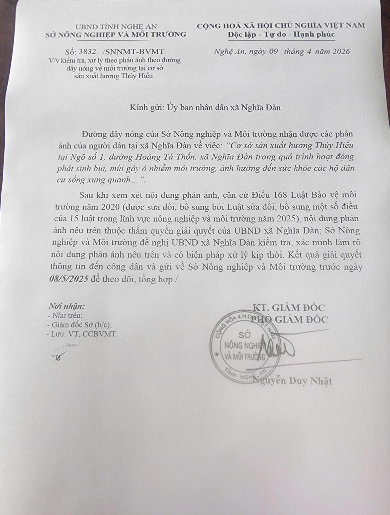 Sở  Nông nghiệp và Môi trường đề nghị địa phương khẩn trương kiểm tra, xác minh, báo cáo về Sở trước ngày 08/5/2026