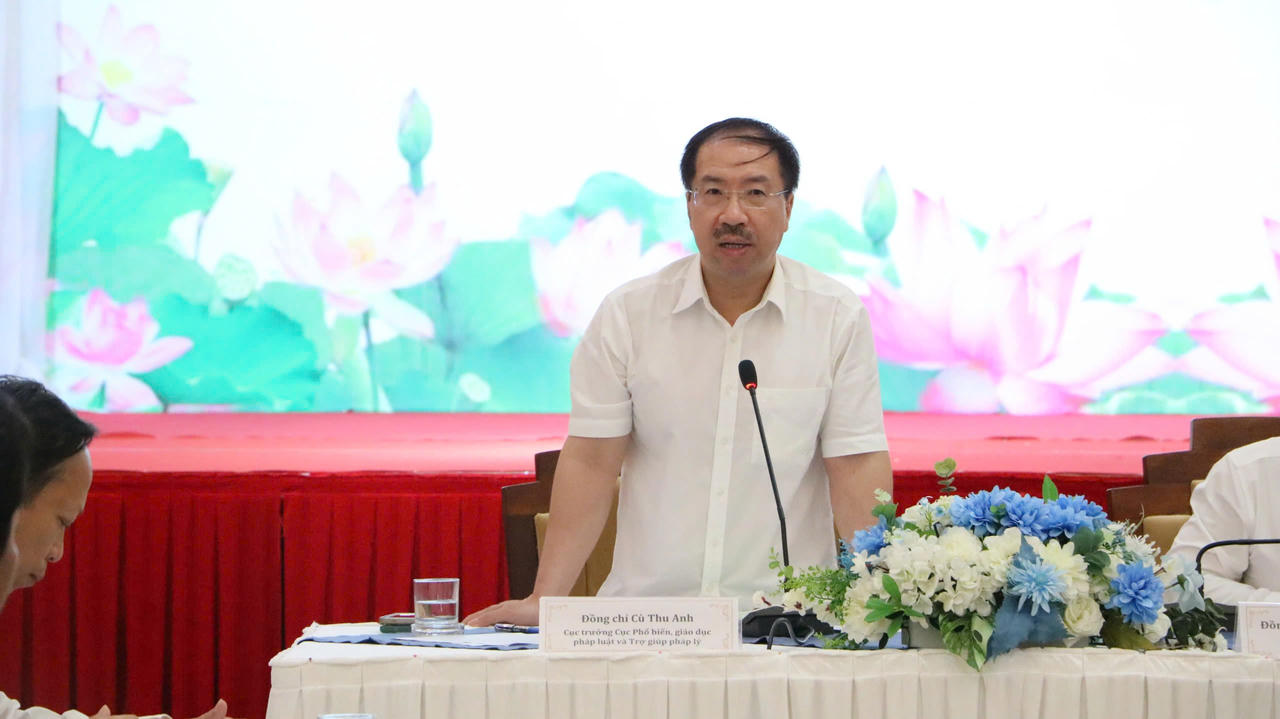 Cục trưởng Cục PBGDPL và TGPL Cù Thu Anh phát biểu