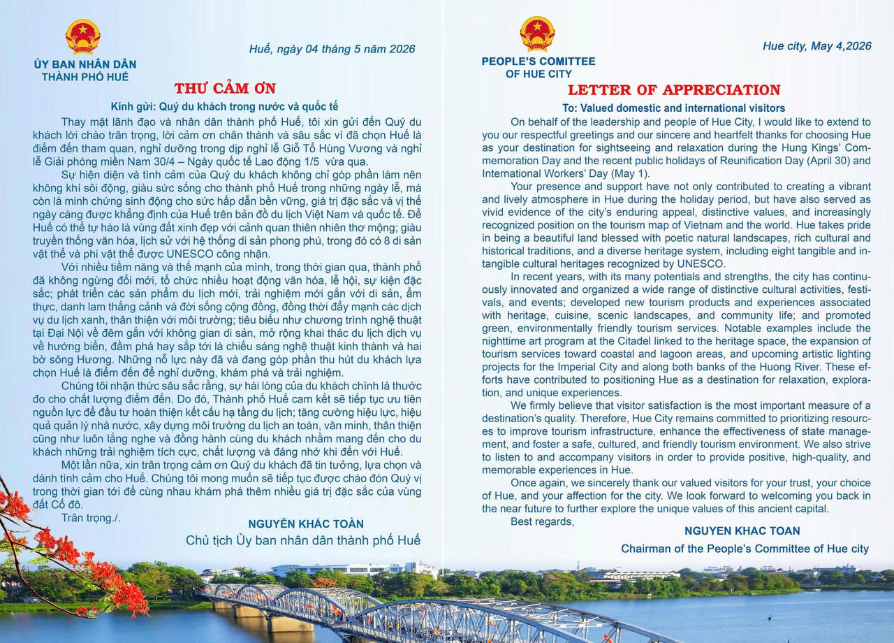 Chủ tịch UBND TP Huế gửi thư cảm ơn du khách đã chọn Huế là điểm đến tham quan, nghỉ dưỡng