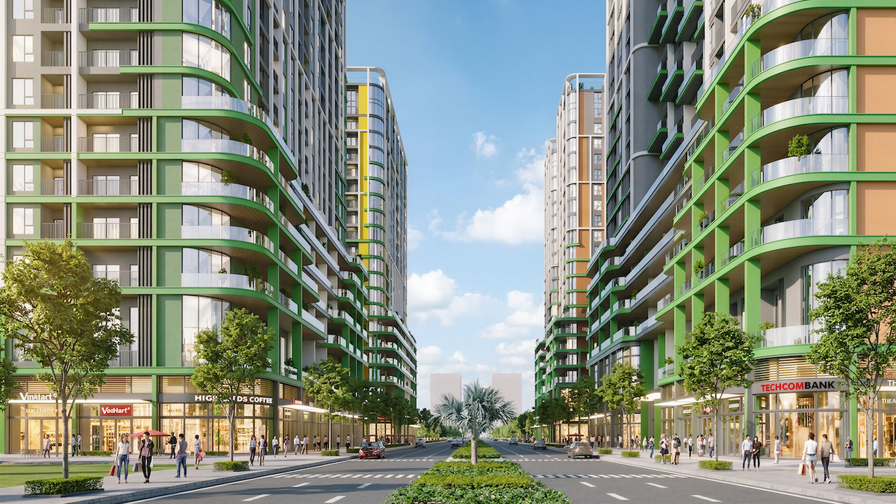 Hệ thống shophouse sầm uất ở chân khối đế đáp ứng mọi nhu cầu mua sắm và giải trí của cư dân FourS Tower. Ảnh: Sun Property.&nbsp;