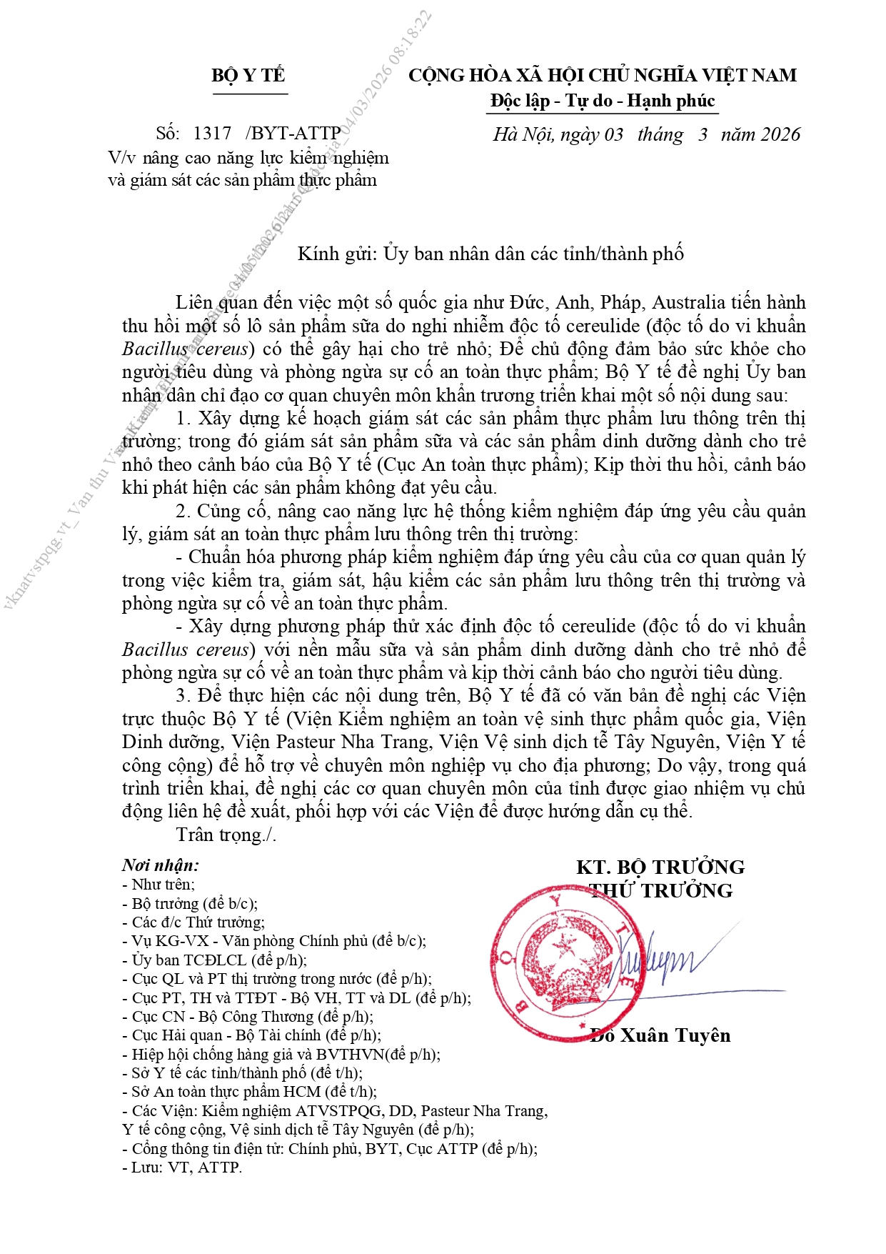 Công văn số 1317 /BYT-ATTP V/v nâng cao năng lực kiểm nghiệm và giám sát các sản phẩm thực phẩm của Bộ Y Tế gửi Ủy ban nhân dân các tỉnh/thành phố.