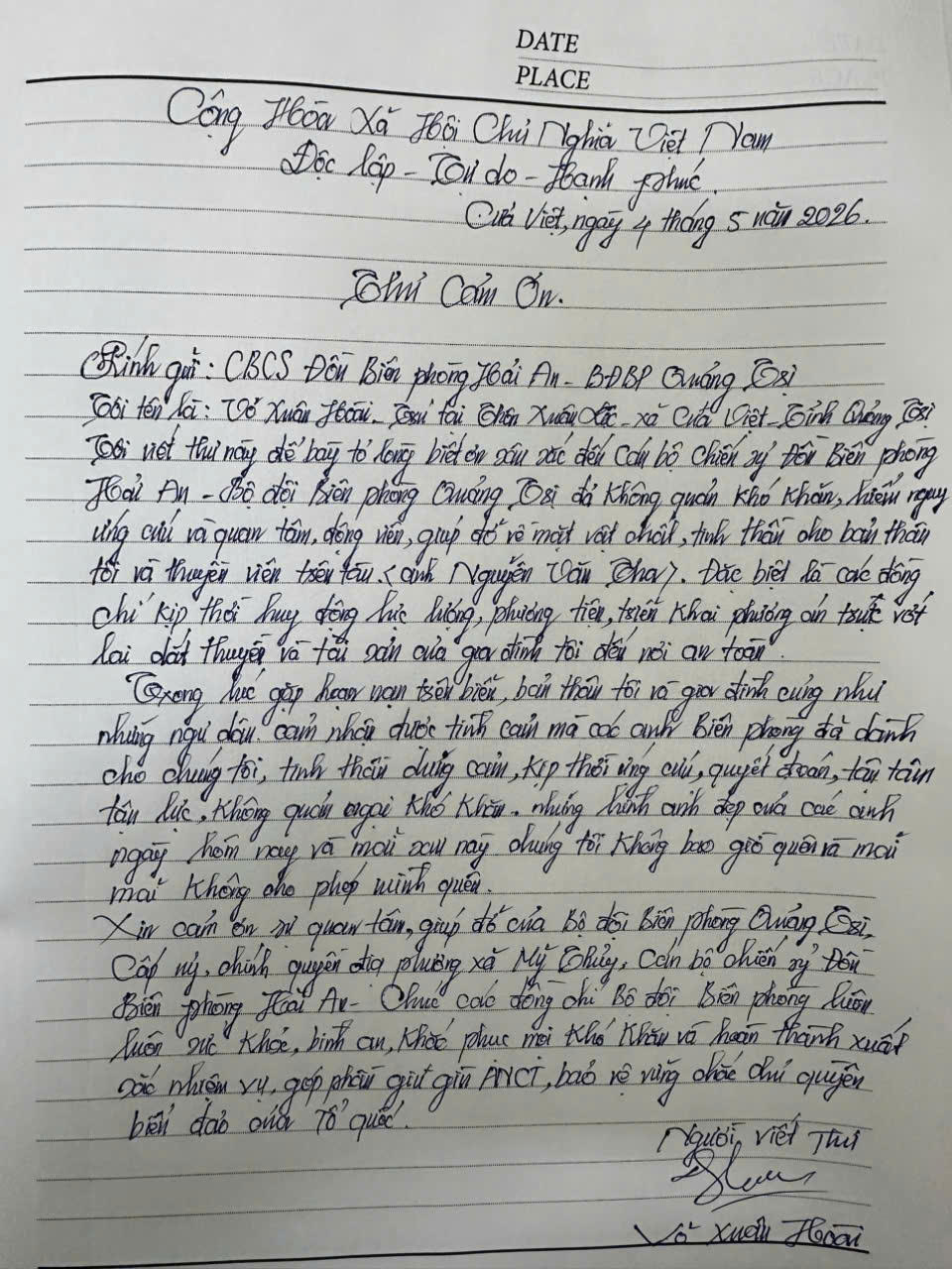 Thư cảm ơn của ngư dân Võ Xuân Hoài.