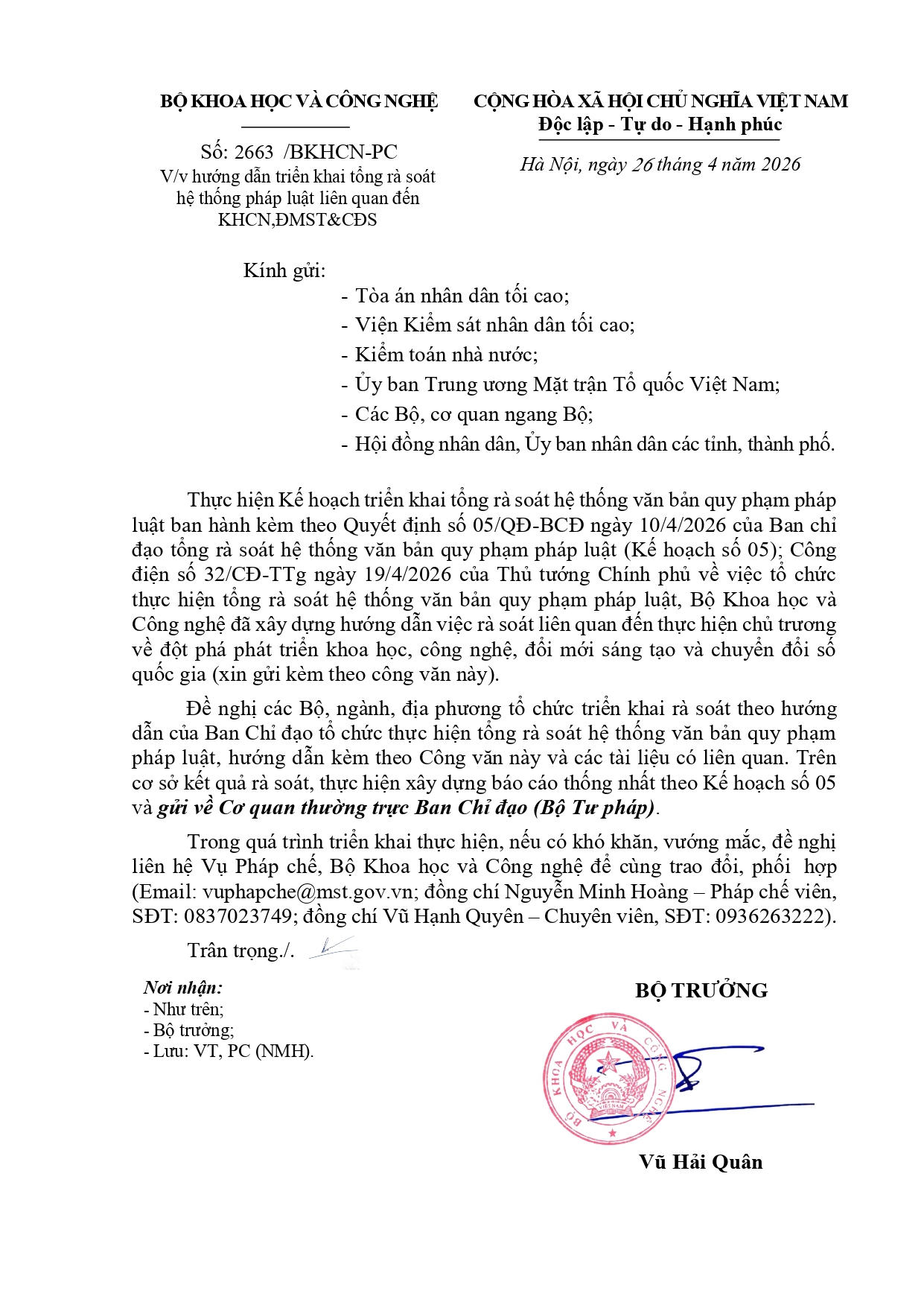 Bộ Khoa học và Công nghệ hướng dẫn tổ chức thực hiện rà soát và đề xuất xử lý VBQPPL
