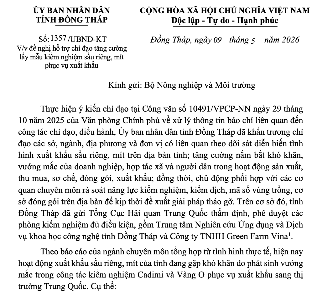Văn bản của UBND tỉnh Đồng Tháp gửi Bộ Nông nghiệp và Môi trường
