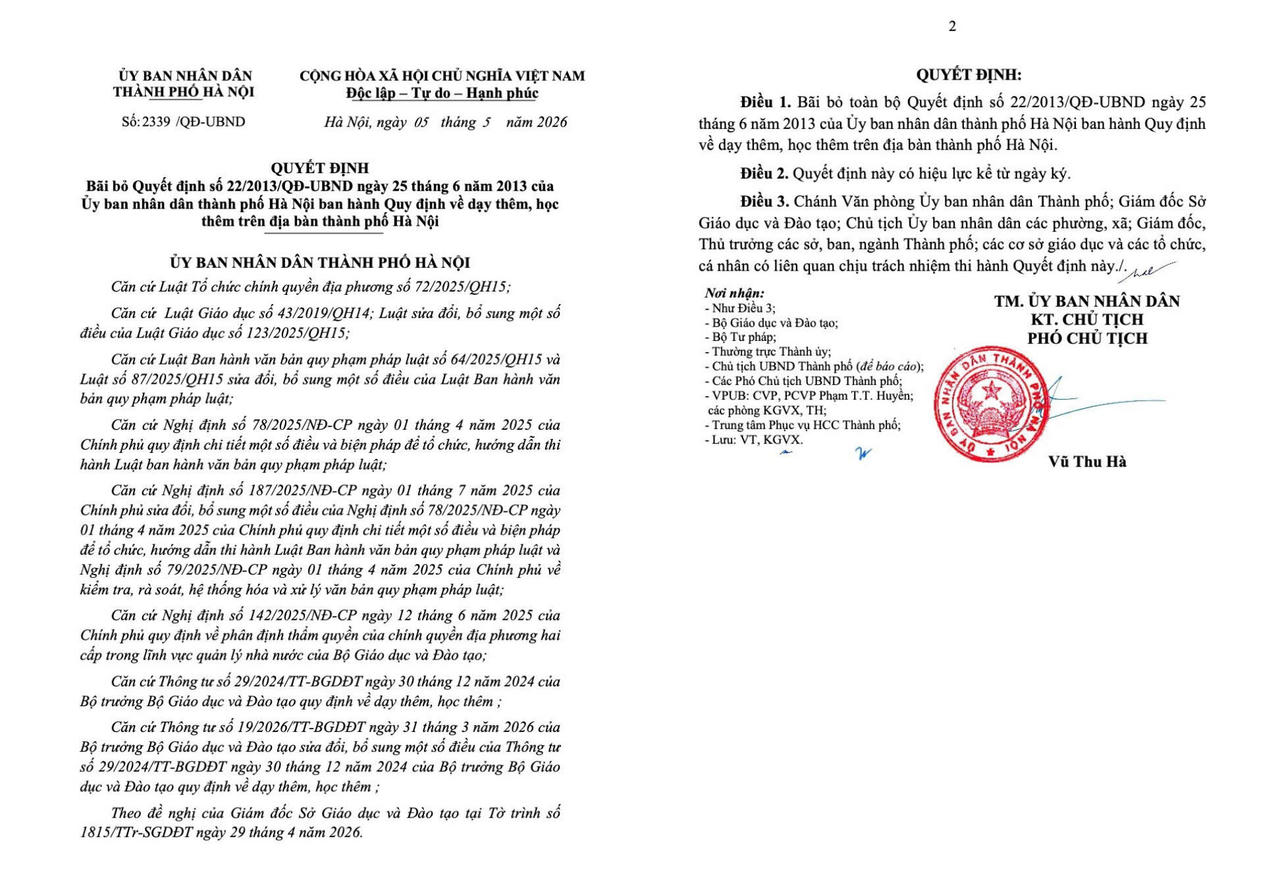 Quyết định số 2339/QĐ-UBND ngày 5/5/2026 của UBND TP Hà Nội (Ảnh: Gia Hải).