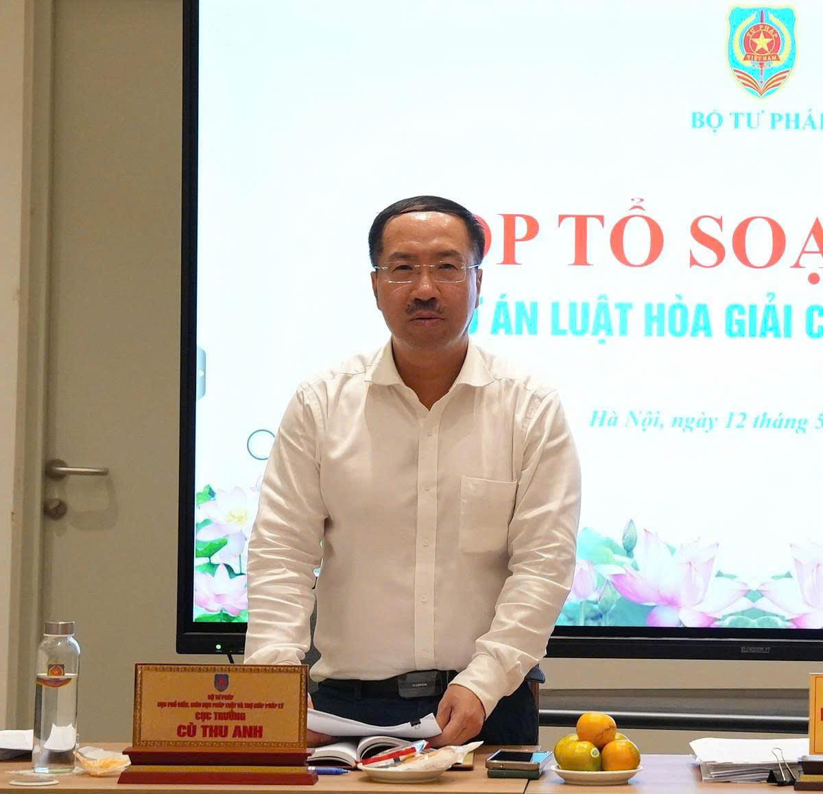 Cục trưởng Cục Phổ biến, giáo dục pháp luật và Trợ giúp pháp lý Cù Thu Anh phát biểu tại cuộc họp.