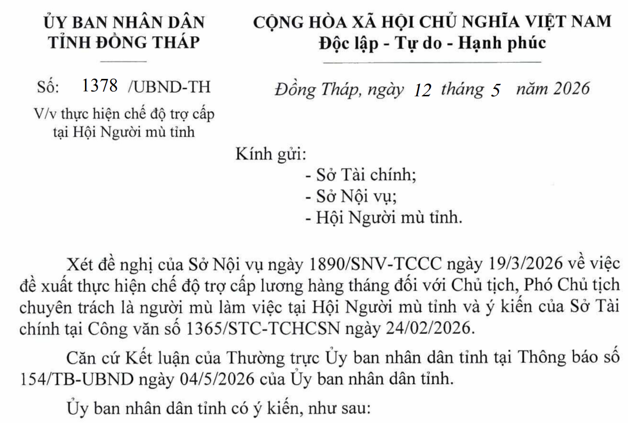 Đồng Tháp thống nhất tiếp tục trợ cấp hàng tháng cho cán bộ Hội Người mù tỉnh