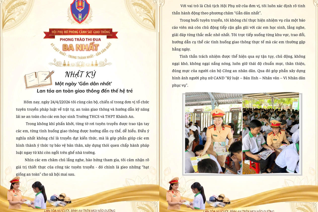 Trang “Nhật ký Ba nhất” chia sẻ kỷ niệm một ngày “Gần dân nhất” của Thiếu tá Trịnh Ngọc Thảo - Chủ tịch Hội Phụ nữ Phòng Cảnh sát giao thông Công an tỉnh Cà Mau.