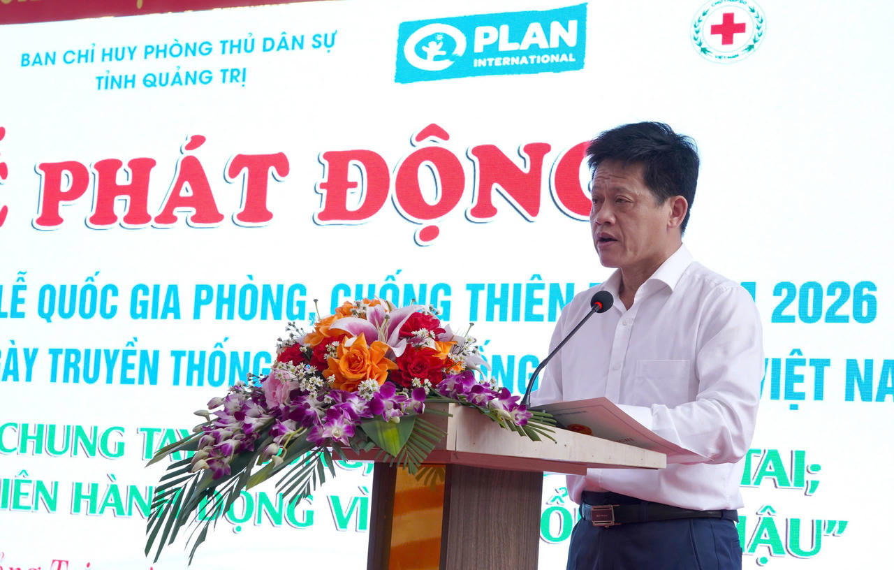 Ông Lê Văn Bảo, Phó Chủ tịch UBND tỉnh Quảng Trị phát biểu tại lễ phát động hưởng ứng Tuần lễ Quốc gia phòng, chống thiên tai năm 2026.