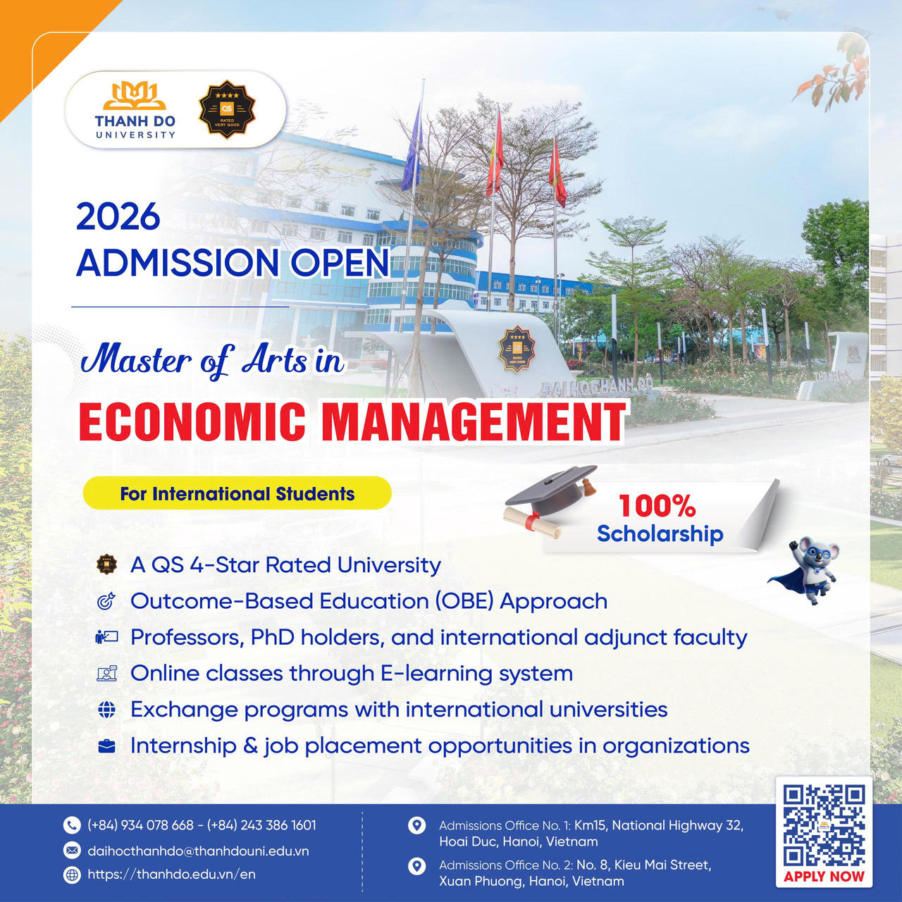 Trường Đại học Thành Đô mở rộng tuyển sinh quốc tế sau đại học với chính sách học bổng toàn phần dành cho học viên nước ngoài.