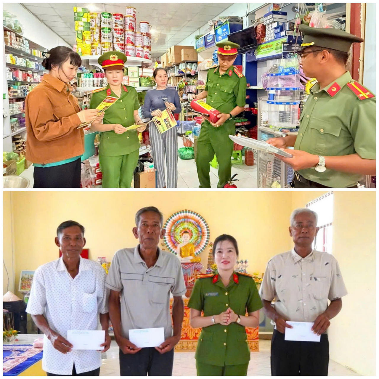 Trung tá Nguyễn Xuân Niềm – Trưởng Công an xã U Minh, trực tiếp tuyên truyền pháp luật về phòng cháy, chữa cháy đến các hộ kinh doanh trên địa bàn; đồng thời thăm hỏi, tặng quà người có uy tín trong đồng bào Khmer nhân dịp Tết Chôl Chnăm Thmây.