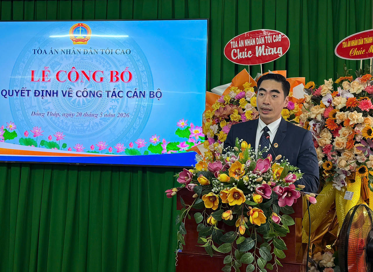 Tân Chánh án TAND tỉnh Đồng Tháp Bùi Thái Hùng phát biểu nhận nhiệm vụ, 