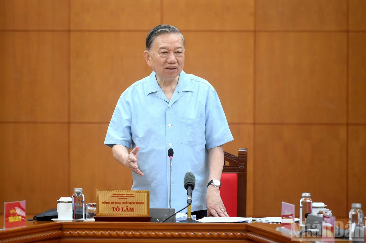 Tổng Bí thư, Chủ tịch nước Tô Lâm phát biểu tại cuộc làm việc. (Ảnh: nhandan.vn)