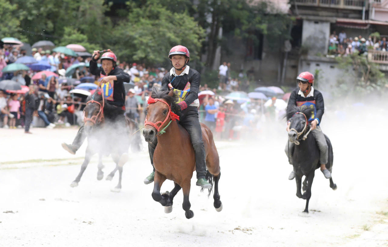 Tiếng vó ngựa dồn dập khuấy động sân vận động trung tâm xã Bắc Hà trong ngày hội đua ngựa truyền thống.