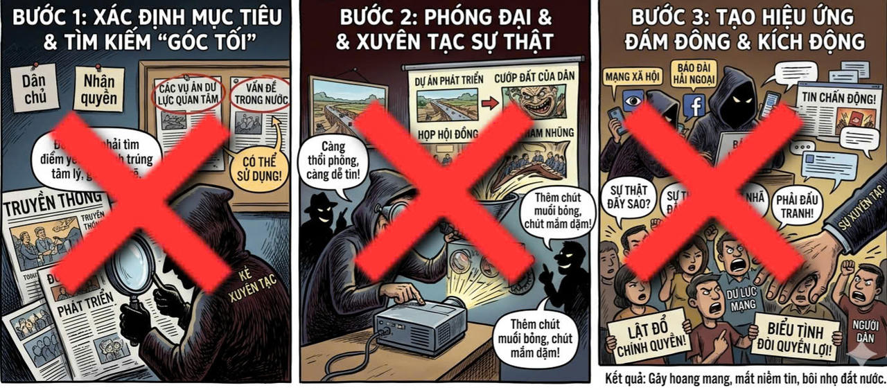 Luận điệu xuyên tạc "ba bước" được thực hiện tinh vi, bài bản (Hình minh hoạ tạo bởi AI).