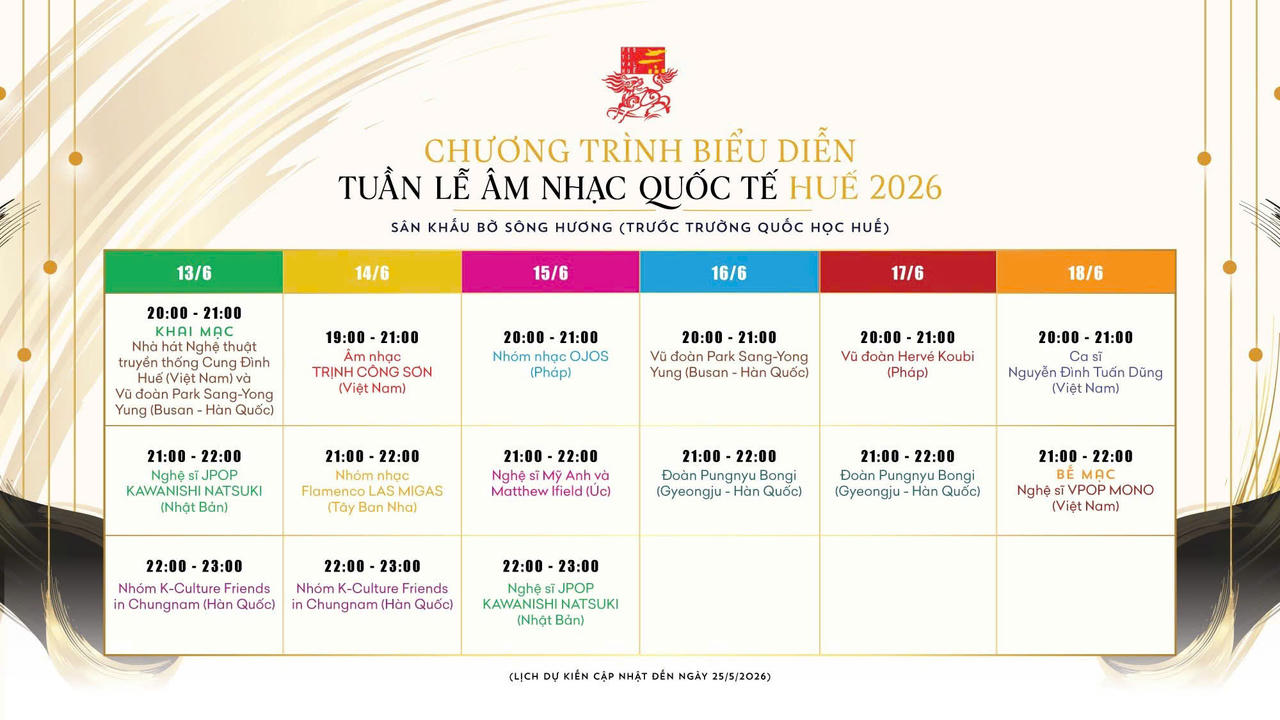 Chương trình biểu diễn của các đoàn nghệ thuật tại Tuần lễ Âm nhạc quốc tế Huế 2026