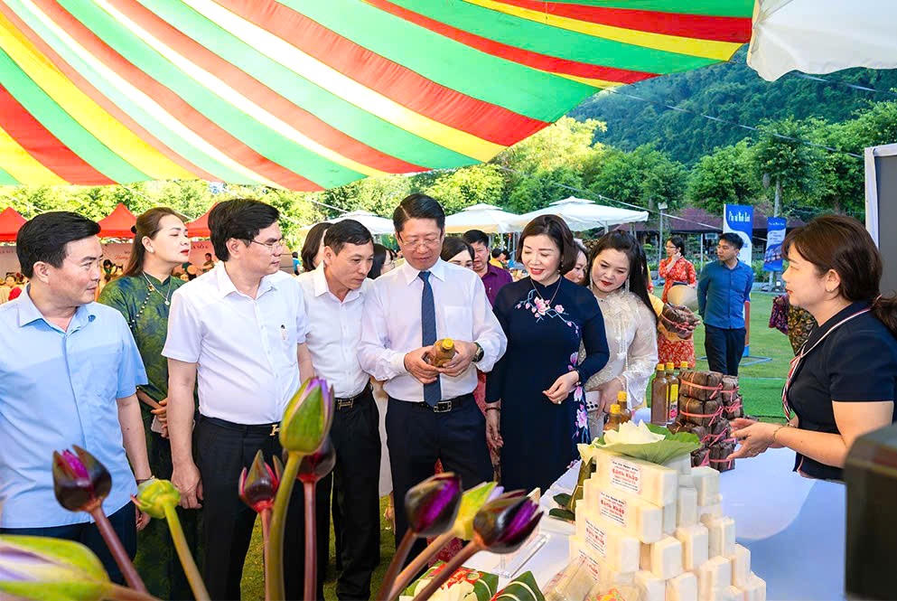 Phó Chủ tịch Thường trực UBND tỉnh Trần Song Tùng và các đại biểu tham quan gian hàng.
