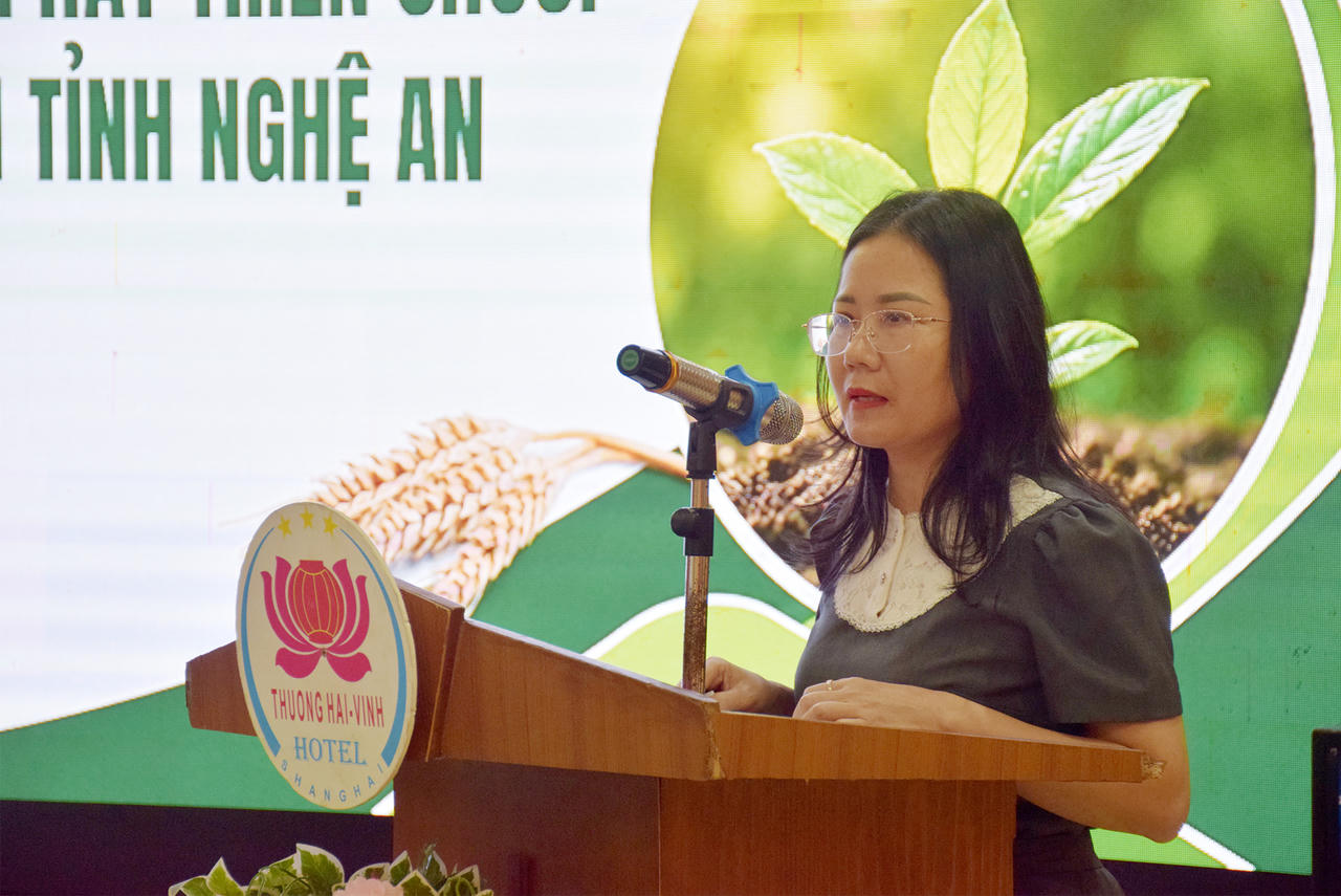 Bà Nguyễn Thị Minh Tú - Giám đốc Trung tâm Khoa học Xã hội và Nhân văn Nghệ An phát biểu khai mạc.