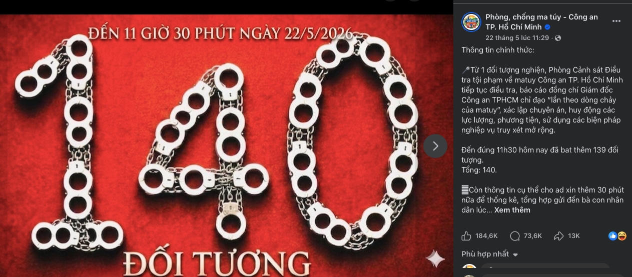 Một bài đăng thu hút tương tác lớn trên fanpage của Phòng Cảnh sát điều tra tội phạm về ma túy Công an TP HCM. Ảnh: CMH