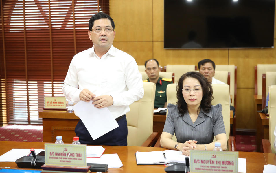 Ông Nguyễn Hồng Thái, Bí thư Tỉnh ủy Bắc Ninh phát biểu tại hội nghị.