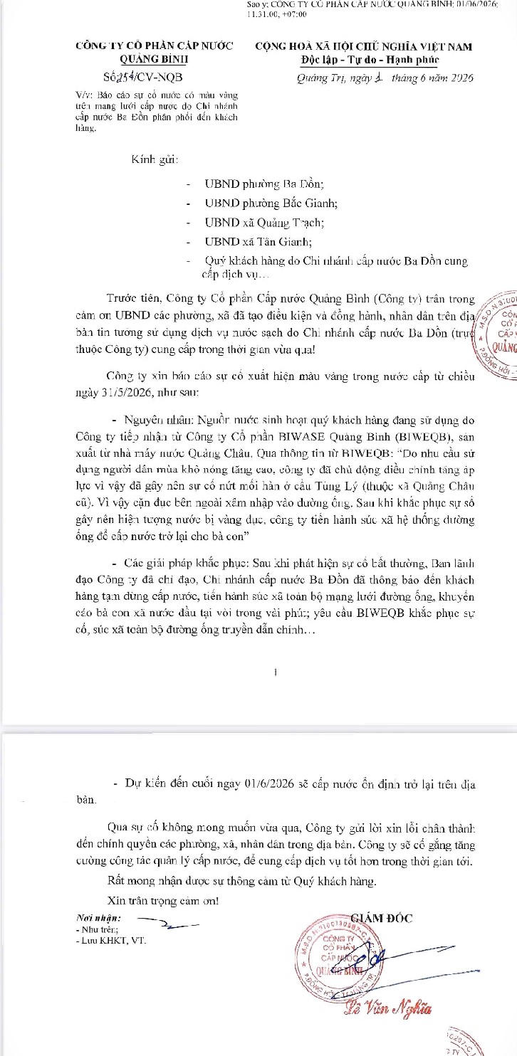 Công ty CP Cấp nước Quảng Bình lý giải nguyên nhân sự cố nước sạch đổi màu và gửi lời xin lỗi đến khách hàng.