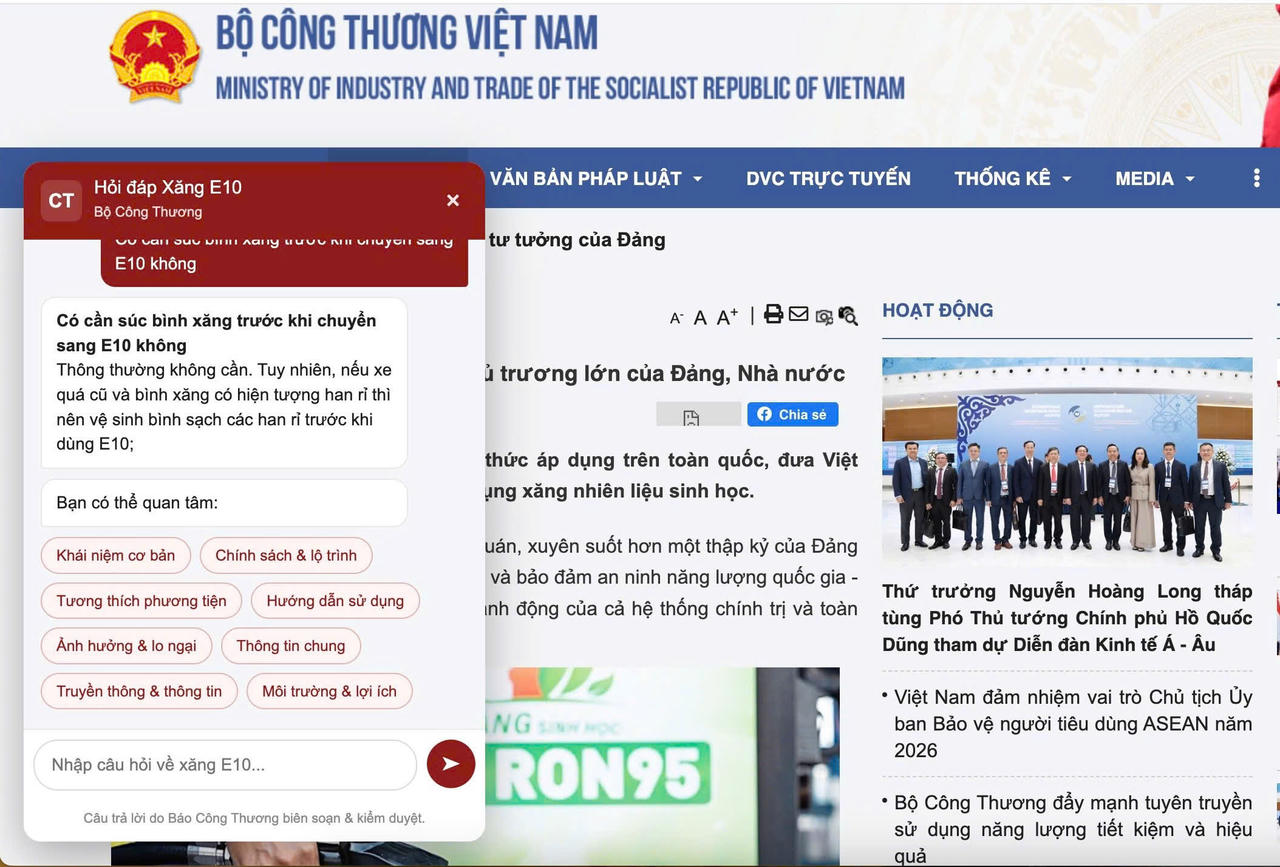 Thắc mắc về xăng E10, người dân có thể tra cứu qua chatbot của Bộ Công Thương