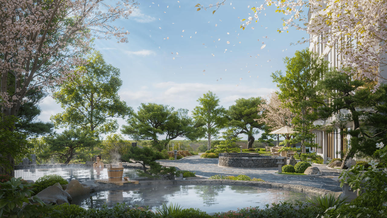 Phối cảnh bể tắm khoáng ngoài trời tại Forest Onsen