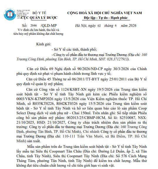 Thu hồi toàn quốc lô dung dịch vệ sinh phụ nữ Coop Select không đạt chất lượng