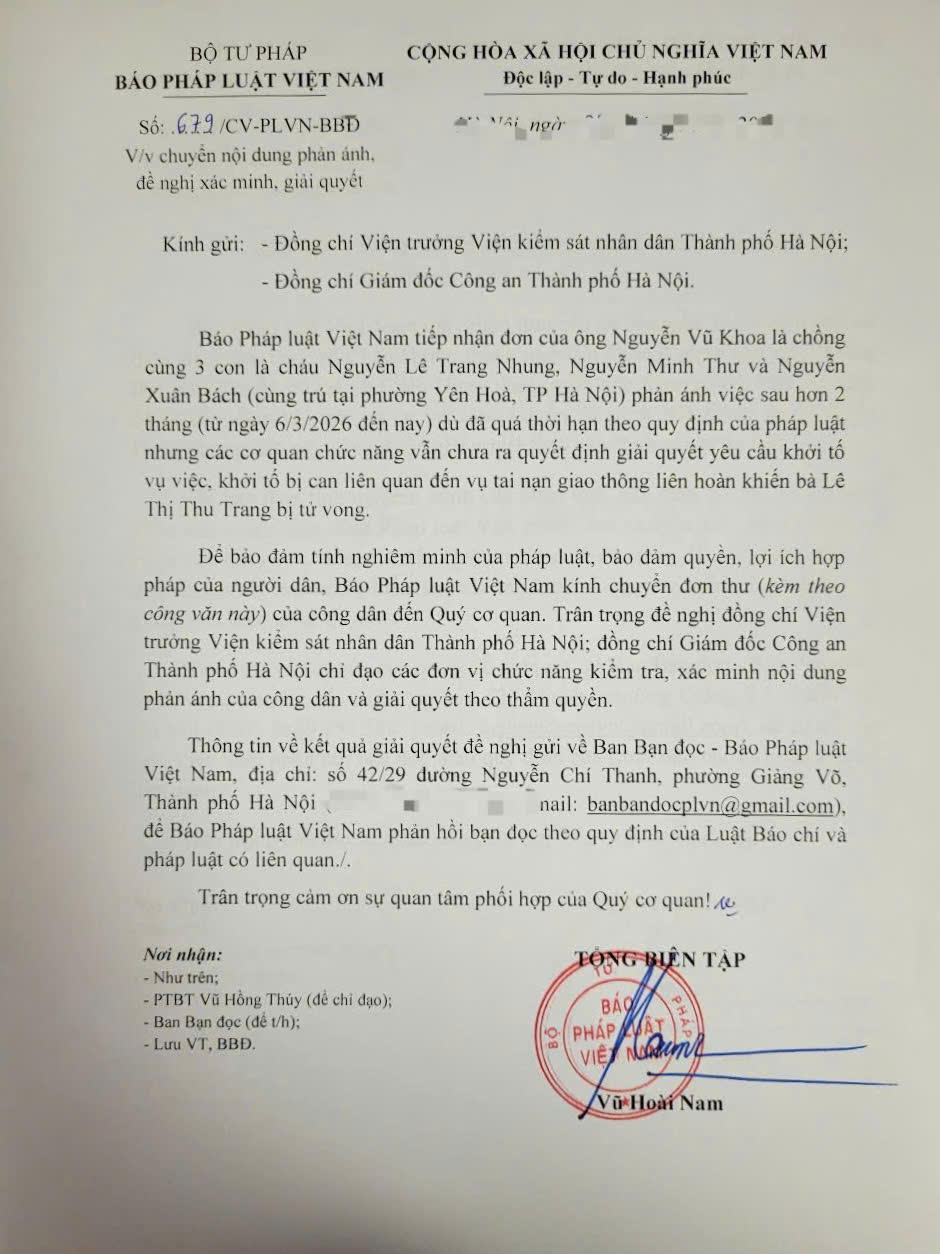 Vụ tai nạn liên hoàn trên đường Nguyễn Chánh (Hà Nội):
Khởi tố vụ án để tiến hành điều tra theo quy định của pháp luật