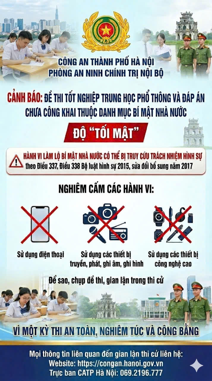 Công an TP Hà Nội cảnh báo về gian lận thi cử tại Kỳ thi THPT 2026