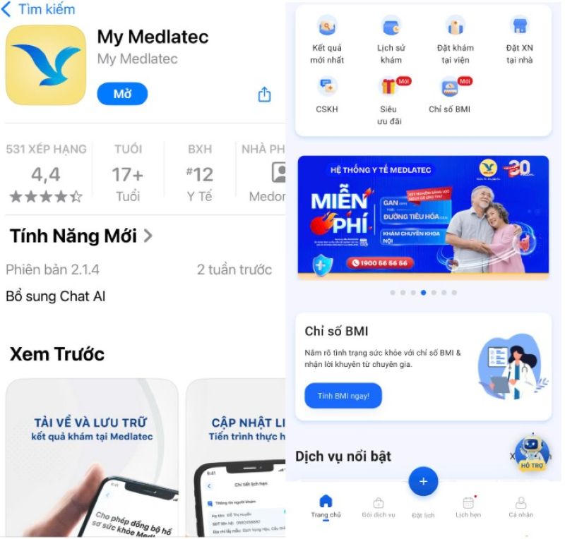 Giao diện của ứng dụng thông minh My Medlatec.