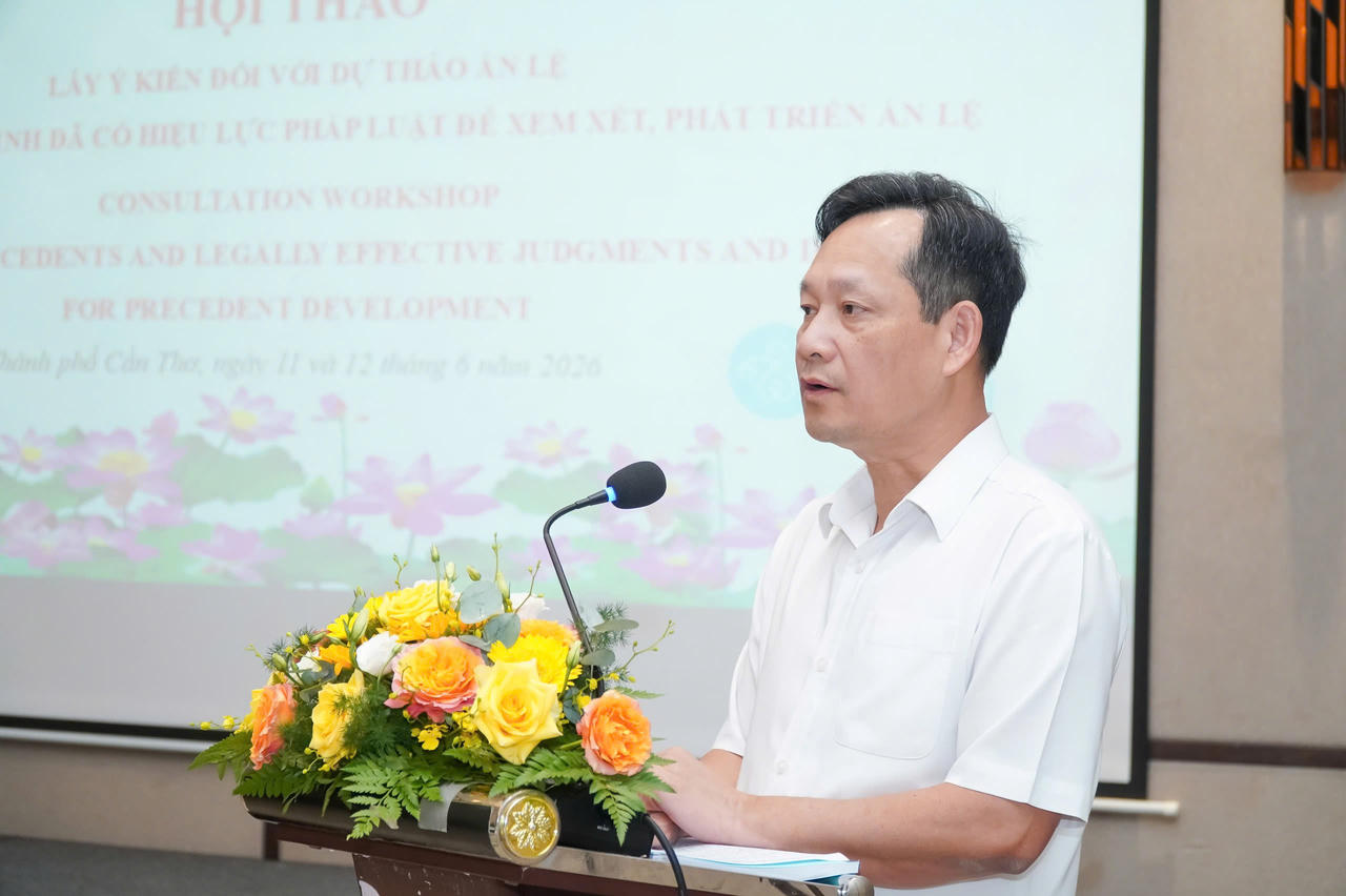 Phó Chánh án TANDTC Nguyễn Văn Tiến phát biểu tại hội thảo.