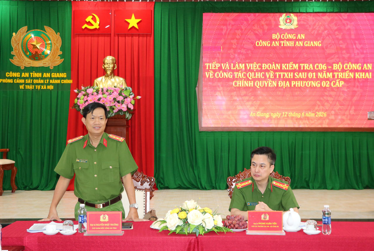 Đại tá Nguyễn Nhật Trường - Phó Giám đốc Công an tỉnh phát biểu&nbsp;tại buổi tiếp và làm việc với Đoàn kiểm tra Cục Cảnh sát QLHC về TTXH