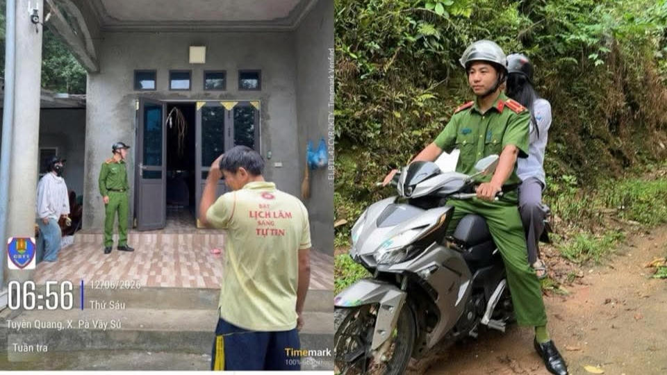 Nữ thí sinh ngủ quên được Công an xã đến nhà đưa đến điểm thi đúng giờ. Ảnh: CACC. 