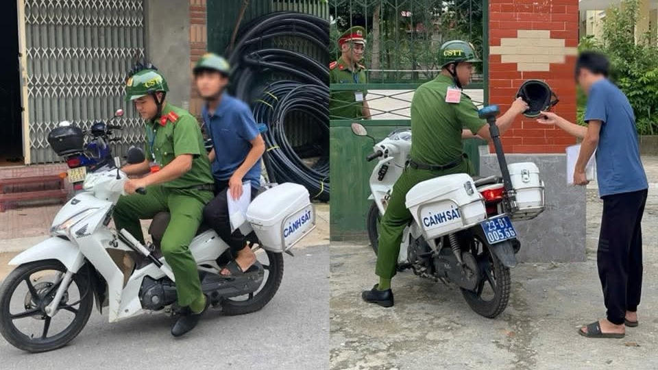 Nam thí sinh ngủ quên được Công an xã đến tận nhà đưa đến điểm thi đúng giờ. Ảnh: CACC. 