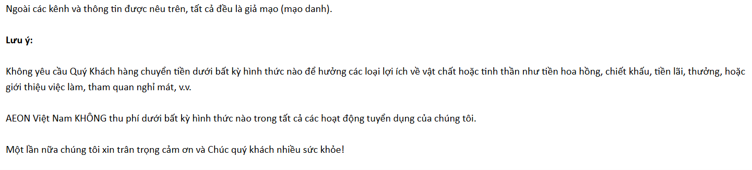 Nội dung phản hồi chính thức từ email Phòng truyền thông của Aeon Mall