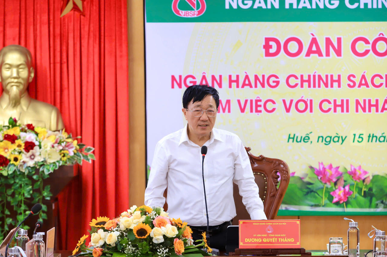 Tổng Giám đốc Ngân hàng Chính sách xã hội Dương Quyết Thắng phát biểu kết luận tại buổi làm việc&nbsp;